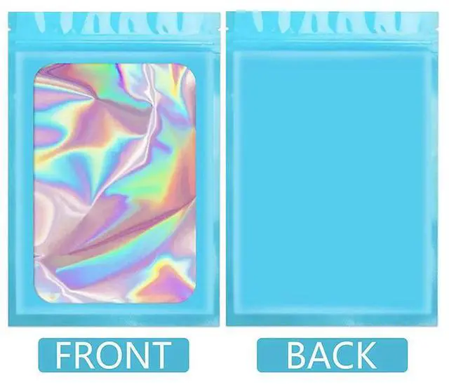 Alt view image 2 of 3 - 1000Pcs Reseale Holographic Bags, Smell Proof Mylar Pouch With Clear Window For Food Party Favor Business