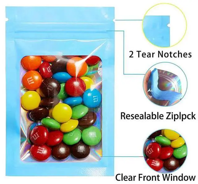 Alt view image 3 of 3 - 1000Pcs Reseale Holographic Bags, Smell Proof Mylar Pouch With Clear Window For Food Party Favor Business