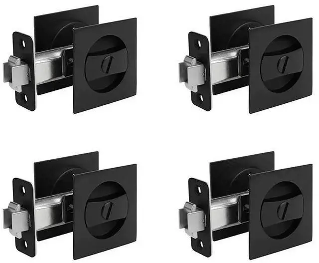 Main image of 4X Pocket Door Lock, Matte Black Contemporary Privacy Square Pocket Door Hardware, Black Sliding Pocket Door Lock