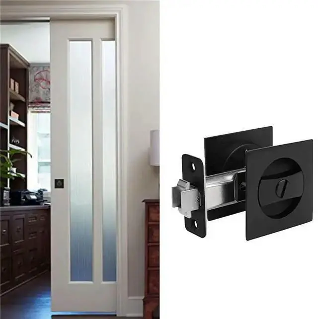 Alt view image 3 of 3 - 4X Pocket Door Lock, Matte Black Contemporary Privacy Square Pocket Door Hardware, Black Sliding Pocket Door Lock