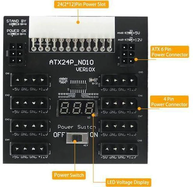 Alt view image 6 of 7 - Kingjinglo Mining Power Supply 800W ATX 24Pin Power Supply Breakout Board to 8Port 4Pin for Chia Mining 2Port 6Pin Power Video Card Server Adapter