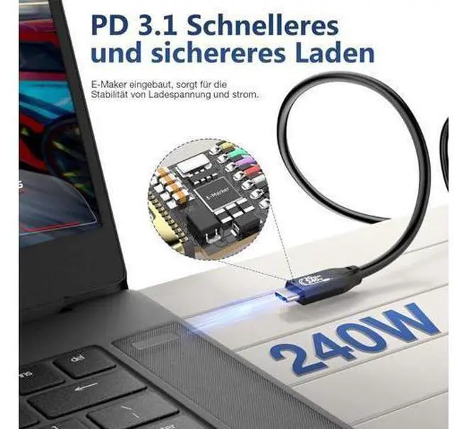 Alt view image 4 of 7 - 240W/20Gbps Type C to C Cable 6.6FT, USB C 3.2 Gen2 48V/5A PD3.1 Cable, 4K@60Hz Video Output Cord, USB Male to Male Cable Suport Thunderbolt 3 for MacBook Pro, Dell, Arzopa, Galaxy