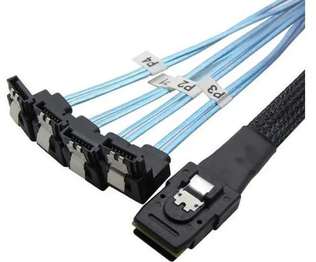 Alt view image 4 of 7 - H0202 1M Mini SAS 36P SFF-8087 to 4 SATA 7Pin 90 Degrees Target Hard Disk Data Cable, Blue
