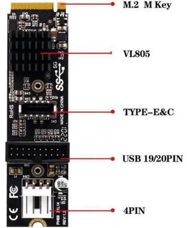 Alt view image 4 of 7 - 5Gbps Type-E USB 3.1 Front Panel Socket USB 2.0 to NVME NGFF M-Key Express Card VL805 Adapter for Motherboard