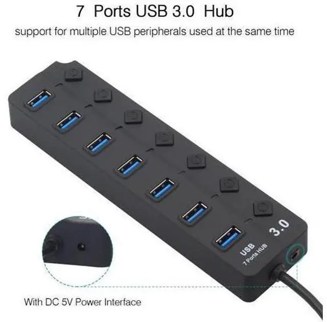 Alt view image 3 of 5 - 4 / 7 Port USB 3.0 Hub Splitter USB Hub 3.0 with Individual Power Switches LED Indicator EU US Power Adapter for MacBook Laptop