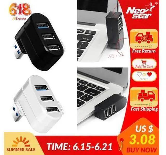 Main image of High Speed 3 Ports Hub USB 2.0 3.0 Mini Rotate Splitter Adapter for Laptop para PC Notebook Rotatable 270 degrees Hub Peripheral