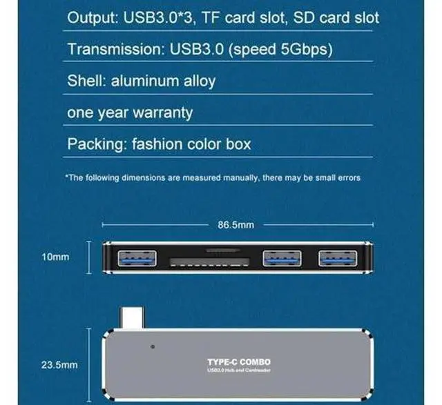 Alt view image 5 of 5 - C USB 3.0 to 4K USB 3.0 SD TF Card Reader 5 in1 Hub Adapter USB extender For Laptap PC