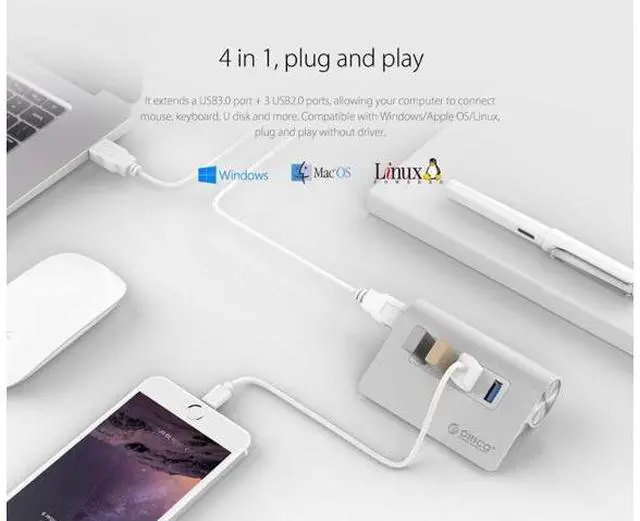 Alt view image 2 of 7 - Aluminum USB HUB 4 Ports USB 3.0 HUB High Speed Mini Splitter Portable Hub for Laptop PC Computer With 1M Data Cable