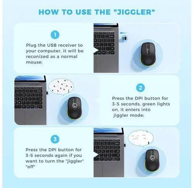 Alt view image 2 of 7 - PEIOUS Wireless Mouse with LED - Rechargeable Moving Mouse Jiggler Keeps Computer Awake - Black