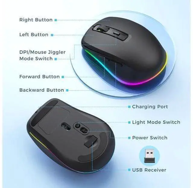 Alt view image 6 of 7 - PEIOUS Wireless Mouse with LED - Rechargeable Moving Mouse Jiggler Keeps Computer Awake - Black