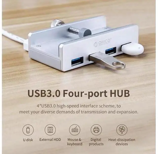 Alt view image 2 of 5 - MH4PU-P USB Hub Aluminum External 4Ports USB 3.0 Usb Splitter with 10-30mm Adjustable Clip for Macbook Desktop Laptop PC