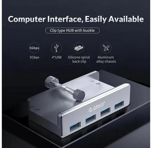 Alt view image 3 of 5 - MH4PU-P USB Hub Aluminum External 4Ports USB 3.0 Usb Splitter with 10-30mm Adjustable Clip for Macbook Desktop Laptop PC