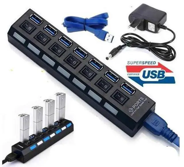 Alt view image 2 of 5 - 7 Port USB 3.0 HUB High Speed Splitter Expansion Adapter PC Laptop PS4 w/ Switch Use Power Adapter computer accessories for pc