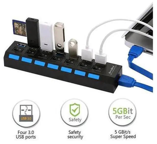 Alt view image 3 of 5 - 7 Port USB 3.0 HUB High Speed Splitter Expansion Adapter PC Laptop PS4 w/ Switch Use Power Adapter computer accessories for pc