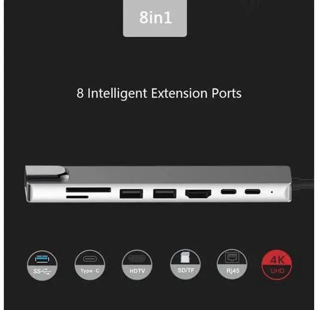 Alt view image 4 of 5 - 8 in 1 USB-C Hub Aluminum Alloy Multiports HD 2 USB 3.0 Adapter PD Charging SD &TF Card Reader RJ45 for Laptop Notebook