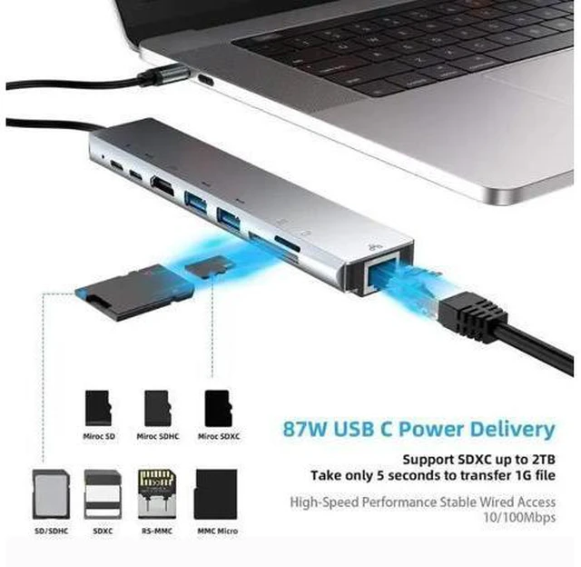 Alt view image 3 of 5 - 8 in 1 Type-C HUB USB-C to 4K /USB3.0 /RJ45 /PD Charging Audio /SD/TF Card Reader Adapter Usb Splitter for MacBook Pro