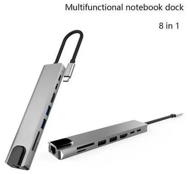 Alt view image 2 of 5 - 8 in 1 USB-C Hub Aluminum Alloy Multiports HD 2 USB 3.0 Adapter PD Charging SD &TF Card Reader RJ45 for Laptop Notebook
