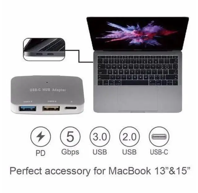 Alt view image 3 of 5 - C To USB 3.0 High Speed Hub Adapter With PD Port For MacBook Pro 13 15 inch