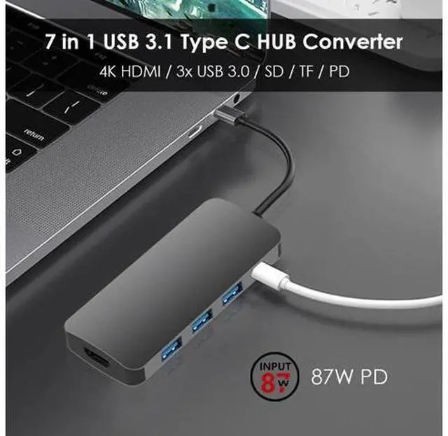 Alt view image 4 of 5 - 7 in 1 USB 3.1 Type C HUB Converter 4K 3x USB 3.0 SD TF Card Reader 87W PD Fast Charging Dock Adapter for Laptop Phone
