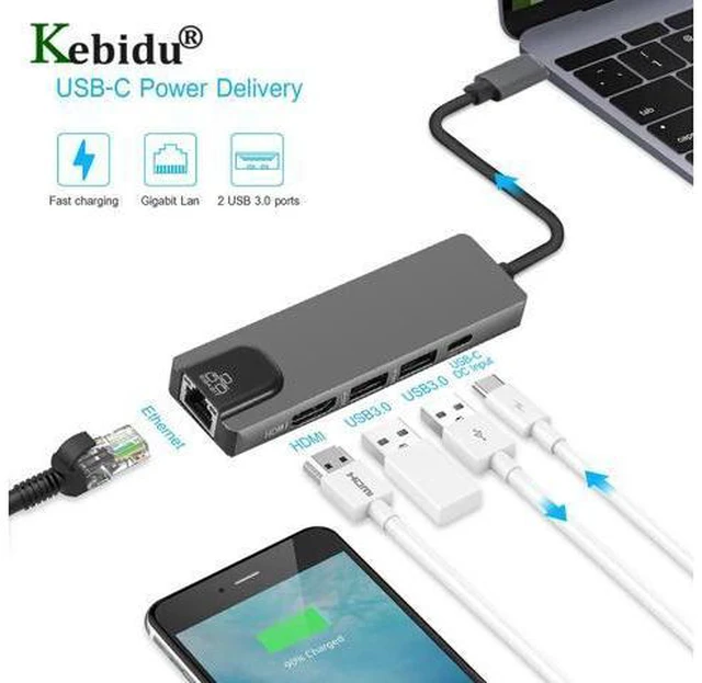 Alt view image 2 of 5 - C to Gigat Ethernet Lan Rj45 4K 3.0 Type C Charing Port 5 In 1 Hub for Mac book Pro Thunderbolt 3 -C Charger