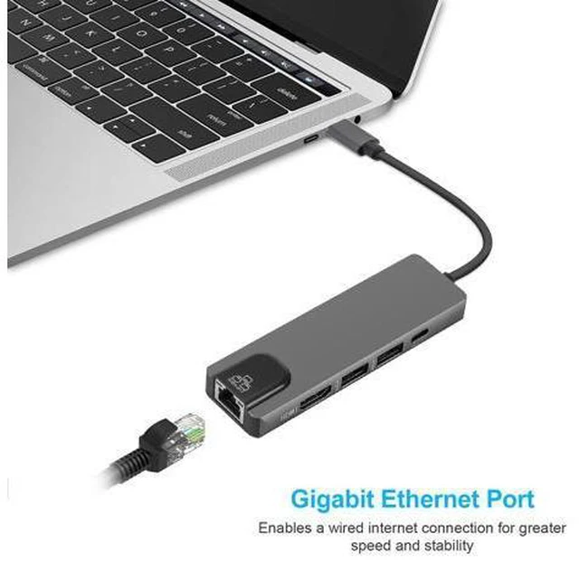 Alt view image 3 of 5 - C to Gigat Ethernet Lan Rj45 4K 3.0 Type C Charing Port 5 In 1 Hub for Mac book Pro Thunderbolt 3 -C Charger