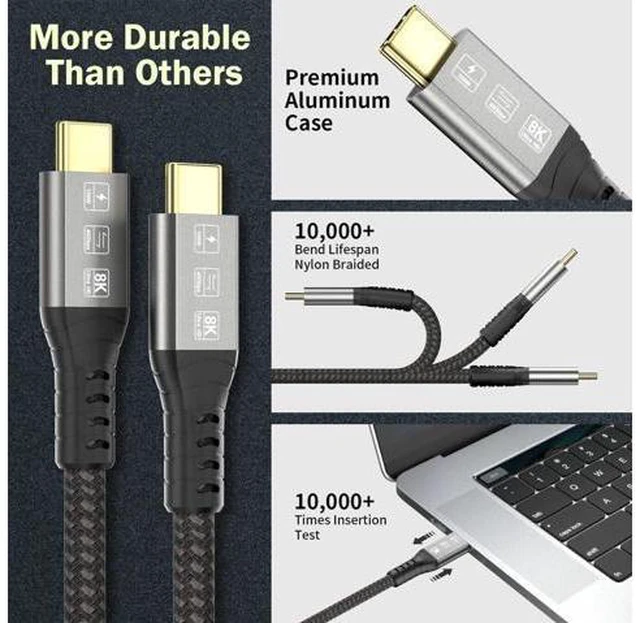 Alt view image 2 of 7 - USB4 Cable Compatible with Thunderbolt 3 4 1.8M 6FT 8K 5K Extension Cable M/M USB-C 8K@30Hz 4K 60Hz Video 40Gbps Data Transmissions Rate 20V 5A 100W Power Delivery