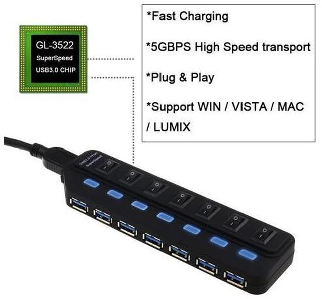 Alt view image 3 of 5 - 5Gbps USB 3.0 HUB 7 USB Ports Switch LED Splitter Adapter Powered High Speed Multi usb3.0 Hab for imac PC support External Power