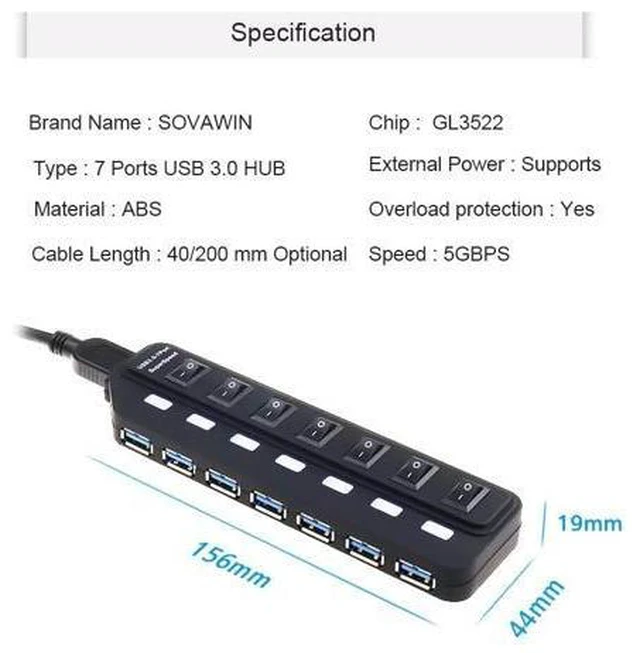 Alt view image 5 of 5 - 5Gbps USB 3.0 HUB 7 USB Ports Switch LED Splitter Adapter Powered High Speed Multi usb3.0 Hab for imac PC support External Power