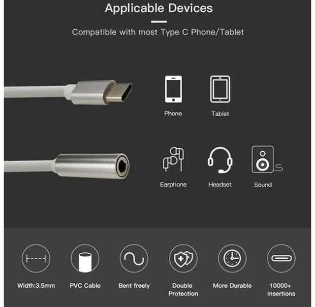 Alt view image 3 of 5 - 2 in 1 Type C to 3.5 mm Charger Headphone Audio Jack USB C Cable Portable Type-C to 3.5mm Connector Adapter for Mole Phone