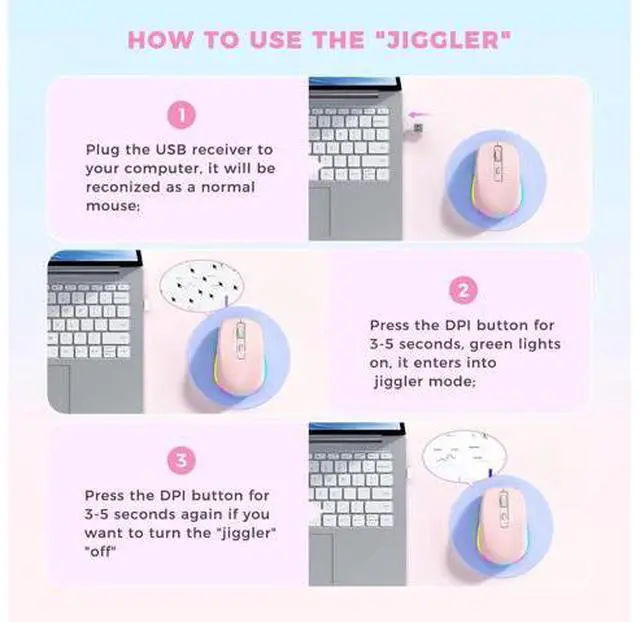Alt view image 2 of 7 - PEIOUS Mouse for Laptop, Wireless Mouse Jiggler - LED Wireless Mice with Build-in Mouse Jiggler Mover, Rechargeable Moving Mouse for Laptop Undetectable Keeps Computer Awake - Pink