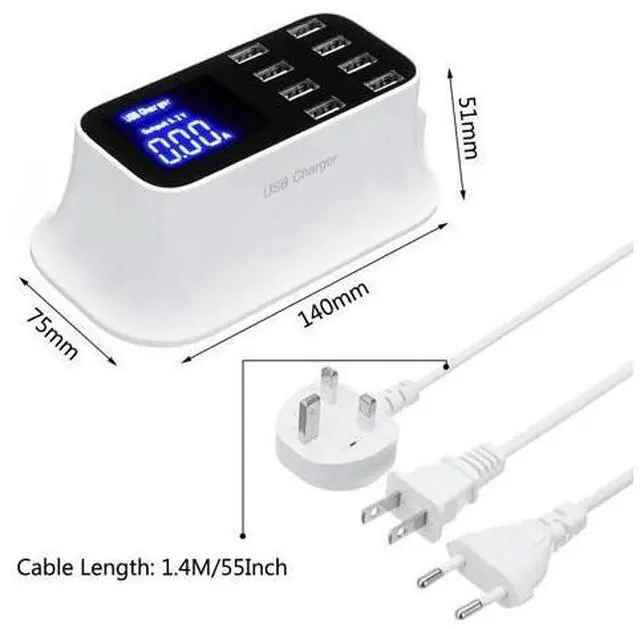 Alt view image 5 of 5 - USB Smart Wall Fast Charger + 8 USB Charging Hub +1.5m Cable LCD Bait High Speed US/UK/EU Plug