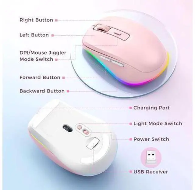 Alt view image 6 of 7 - PEIOUS Mouse for Laptop, Wireless Mouse Jiggler - LED Wireless Mice with Build-in Mouse Jiggler Mover, Rechargeable Moving Mouse for Laptop Undetectable Keeps Computer Awake - Pink