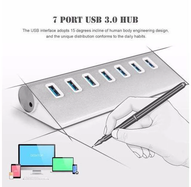 Alt view image 4 of 5 - 3.0 Hub 7-Port Portable Aluminum charging and Hub with 5V 4A Power Adapter 3-Foot 3.0 Cable (Silver)