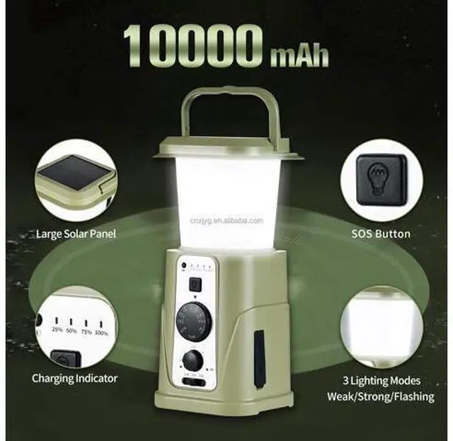 Alt view image 3 of 7 - 10000mAh Outdoor Waterproof Hand Crank Sos Dynamo Radio Solar Lamp Rechargeable Led Camping Lantern With Power Bank Orange
