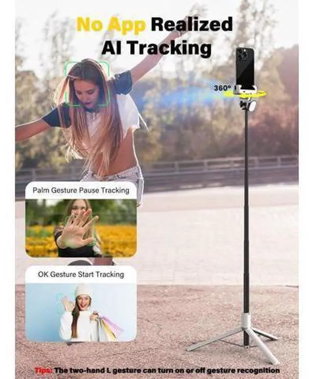Alt view image 2 of 6 - Smartphone Gimbal Stabilizer, Smart Face Tracking Tripod Without APP - 4 in 1 Cellphone Gimbal Stabilizer for iPhone&Android Extended 108cm Rod with RGB Fill Light,M2PRO White