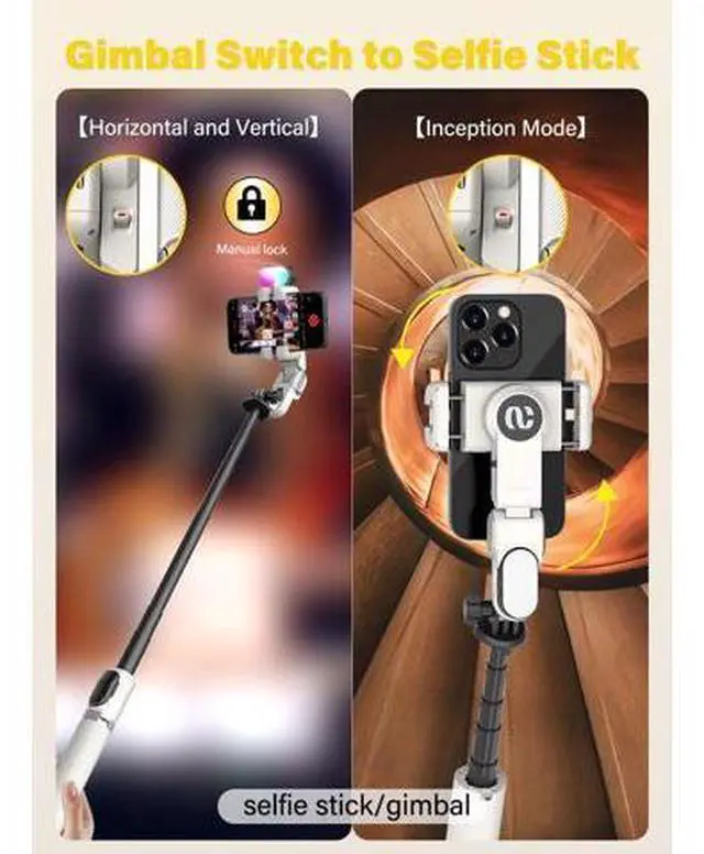 Alt view image 4 of 6 - Smartphone Gimbal Stabilizer, Smart Face Tracking Tripod Without APP - 4 in 1 Cellphone Gimbal Stabilizer for iPhone&Android Extended 108cm Rod with RGB Fill Light,M2PRO White