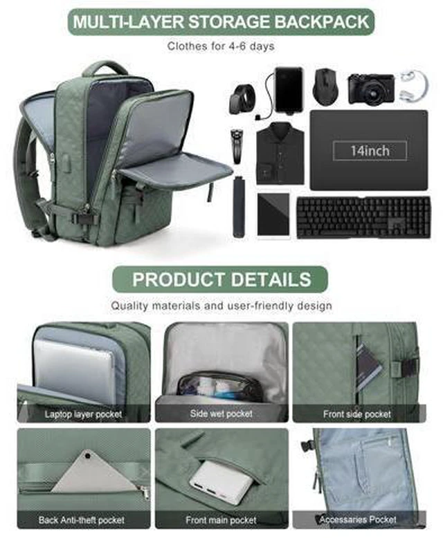 Alt view image 4 of 5 - VGCUB Large Travel Backpack for Women Men, Carry on Backpack Airline Approved Gym Backpack Waterproof Business Laptop Daypack,Army Green