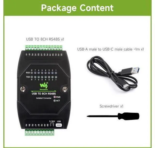 Alt view image 2 of 5 - Waveshare USB to 8CH RS485 Industrial Grade Isolated Converter, USB to RS485 Adapter, Multiple Protection Circuits, Wall-Mount and Rail-Mount Support, Multi-OS Compatible