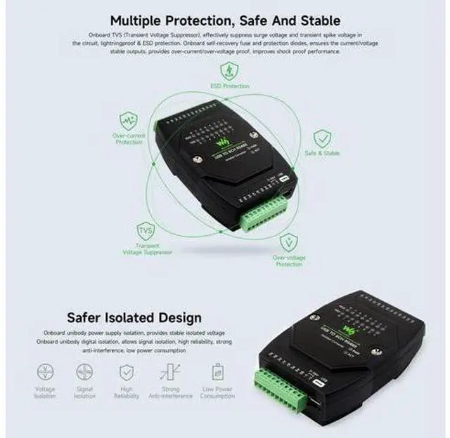 Alt view image 5 of 5 - Waveshare USB to 8CH RS485 Industrial Grade Isolated Converter, USB to RS485 Adapter, Multiple Protection Circuits, Wall-Mount and Rail-Mount Support, Multi-OS Compatible