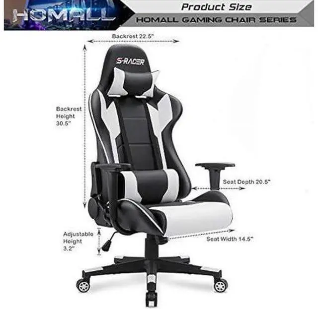 Alt view image 3 of 5 - Homall Gaming Chair, Office Chair High Back Computer Chair Leather Desk Chair Racing Executive Ergonomic Adjustable Swivel Task Chair with Headrest and Lumbar Support (White)