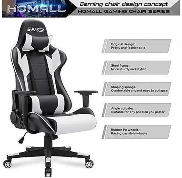 Alt view image 4 of 5 - Homall Gaming Chair, Office Chair High Back Computer Chair Leather Desk Chair Racing Executive Ergonomic Adjustable Swivel Task Chair with Headrest and Lumbar Support (White)