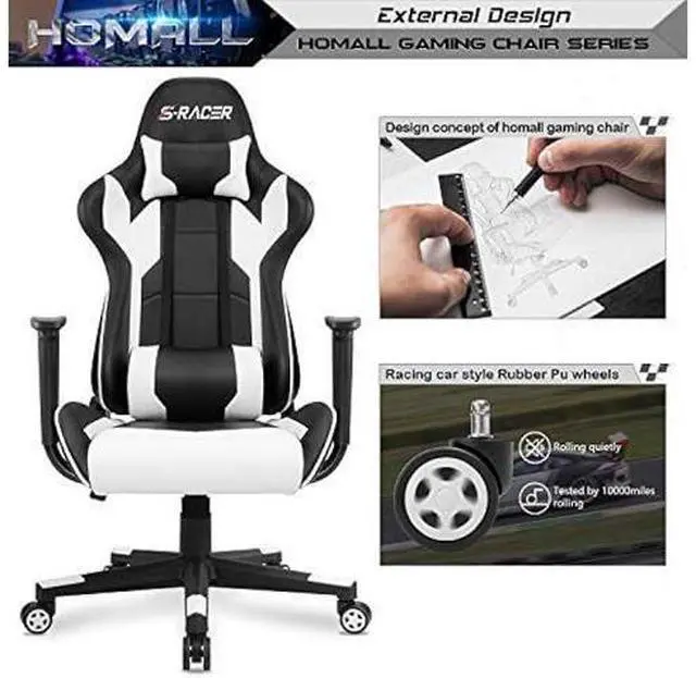 Alt view image 5 of 5 - Homall Gaming Chair, Office Chair High Back Computer Chair Leather Desk Chair Racing Executive Ergonomic Adjustable Swivel Task Chair with Headrest and Lumbar Support (White)
