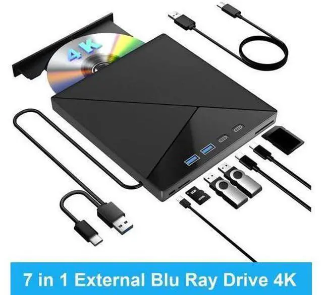 Main image of 7 in 1 External Blu Ray Drive, 4K Blu Ray Burner with USB 3.0 Type-C Portable Blu Ray Drive, CD DVD Burner 3D BD Player with SD/TF Ports, 4K Optical Drive Compatible with Windows, Linux, MacOSdd
