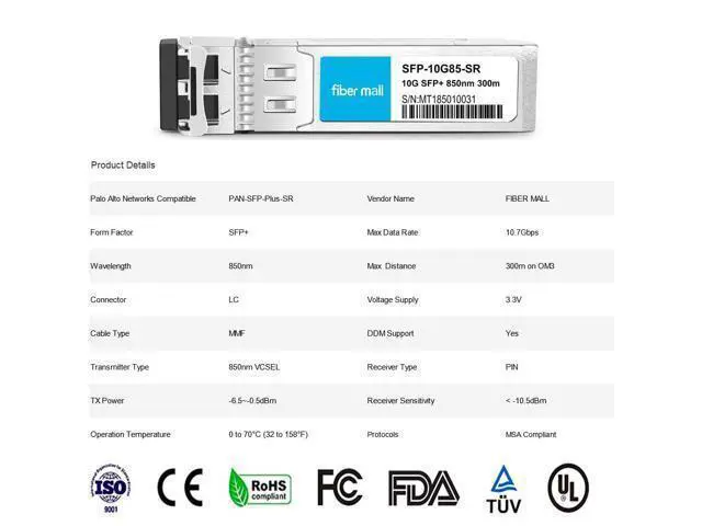 Alt view image 5 of 5 - fiber mall SFP 10G SR for Palo Alto Networks PAN-SFP-Plus-SR 10GBASE-SR SFP+ 850nm 300m MMF DOM Transceiver Module