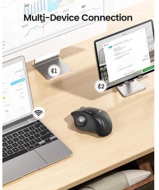 Alt view image 4 of 7 - Wireless Trackball Mouse EM01 NL Ergonomic Bluetooth Rollerball Thumb Rechargeable Computer Laptop Mouse Adjustable Angle & 3 Device Connection for PC Mac Windows-Gray Ball