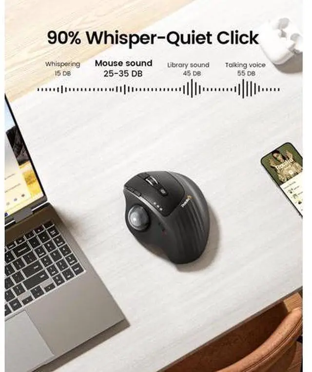 Alt view image 7 of 7 - Wireless Trackball Mouse EM01 NL Ergonomic Bluetooth Rollerball Thumb Rechargeable Computer Laptop Mouse Adjustable Angle & 3 Device Connection for PC Mac Windows-Gray Ball