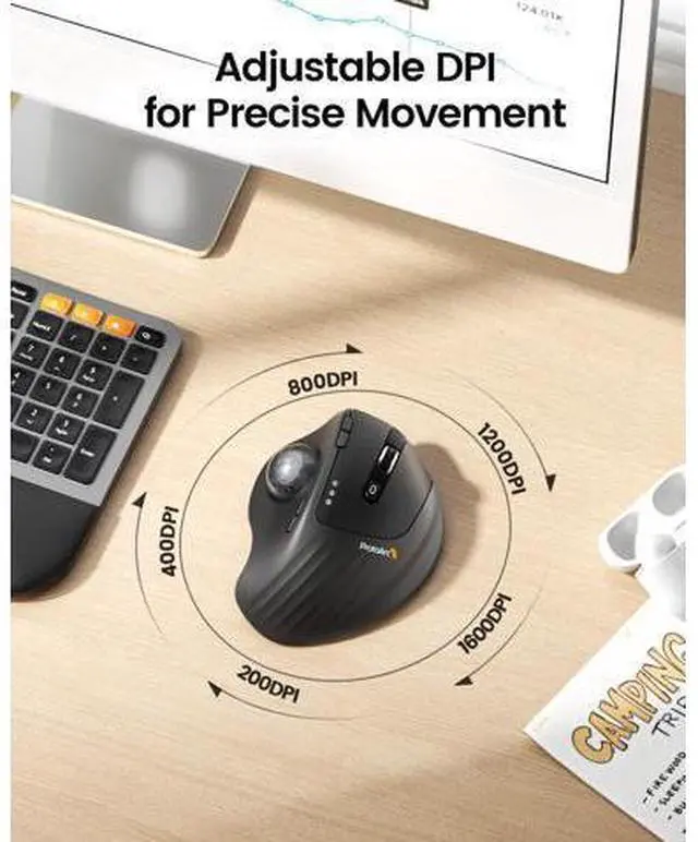 Alt view image 5 of 7 - Wireless Trackball Mouse EM01 NL Ergonomic Bluetooth Rollerball Thumb Rechargeable Computer Laptop Mouse Adjustable Angle & 3 Device Connection for PC Mac Windows-Gray Ball