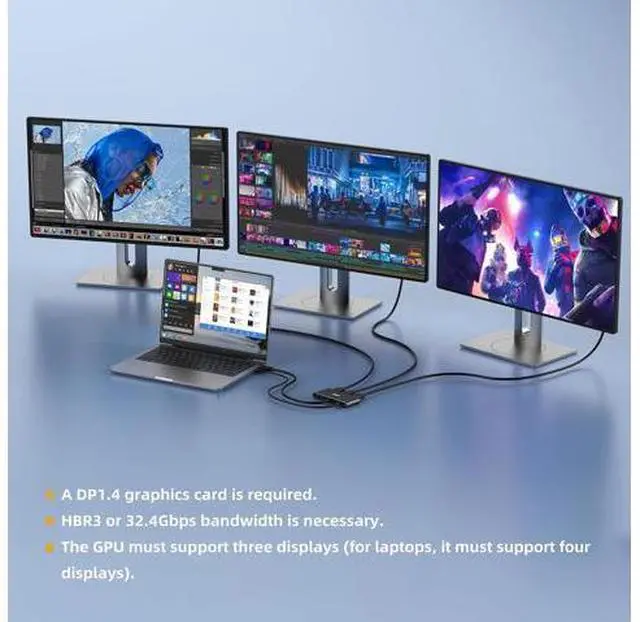 Alt view image 2 of 7 - 3-Port Displayport Splitter,DP1.4 to 3×DP Multi-Monitor Splitter,Single 8K, Dual 4K 120Hz,MST Displayport hub 1 in 3 Out,Windows Only