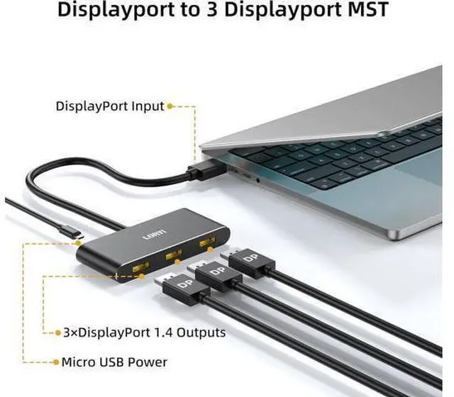 Alt view image 3 of 7 - 3-Port Displayport Splitter,DP1.4 to 3×DP Multi-Monitor Splitter,Single 8K, Dual 4K 120Hz,MST Displayport hub 1 in 3 Out,Windows Only
