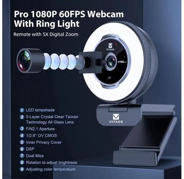 Alt view image 2 of 7 - Zoomable Webcam with Remote Control, 1080P 60FPS Streaming with Ring Light and Microphone, Pro USB Webcam with 5X Digital Zoom and Privacy Cover for Zoom/Skype/Teams/PC/Laptop/Mac